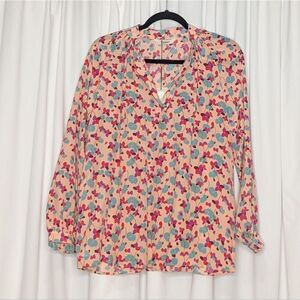 Tucker NYC Long Sleeve Polo Blouse Cherry Bloom Large Floral in Crepe de Chine